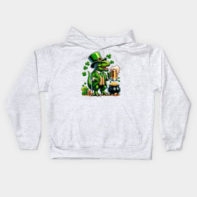 St Patrick's Day Irish T Rex Leprechaun Drinking Beer Kids Hoodie by E